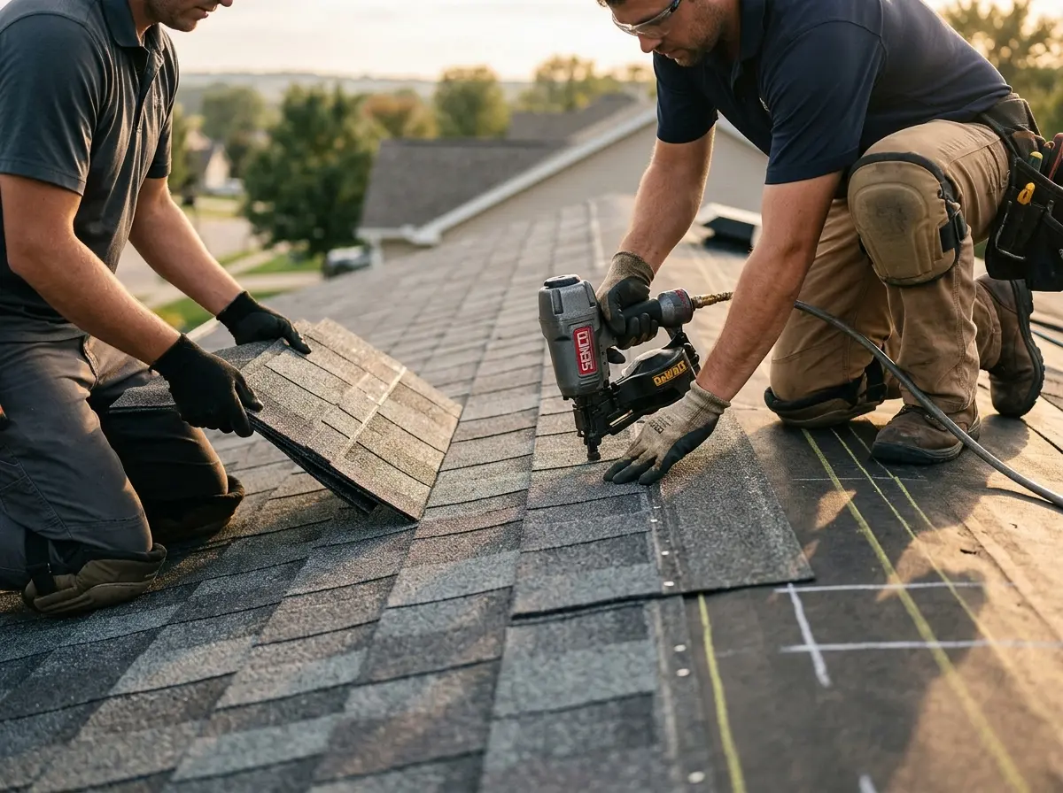 Professional roofer working on a residential roof in Accokeek